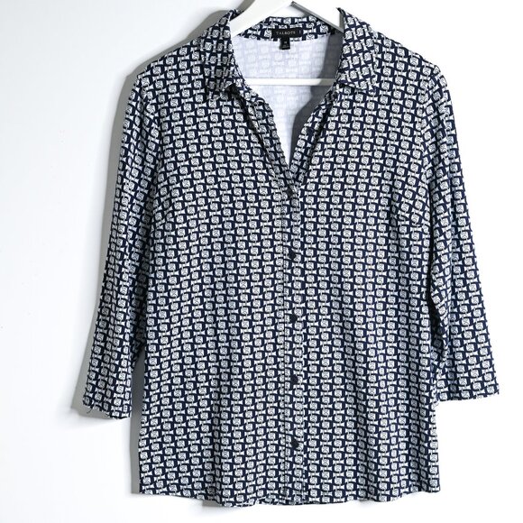 TALBOTS Navy Light Blue White Chain Pattern 3/4 Sleeves Button Down Top - Sz Med - Picture 2 of 10